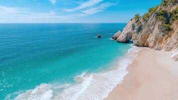breathtaking coastal cliffside overlooking turquoise sea and sandy beach photo