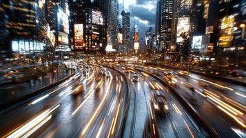 Cinematic long exposure shot of busy city traffic night, showcasing vibrant lights and movement photo