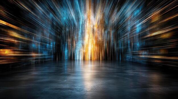 vibrant digital space with glowing lines and reflective floor creates dynamic atmosphere photo