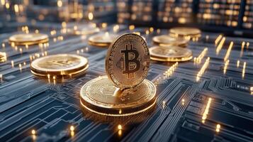 Digital finance concept with glowing cryptocurrency coins and technology photo