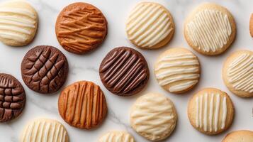 Assorted gourmet cookies arranged in creative flat lay display photo