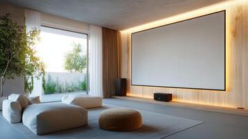 cozy home theater with large screen, soft seating, and natural light photo