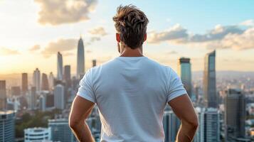 determined entrepreneur standing in front of city skyline at sunset photo
