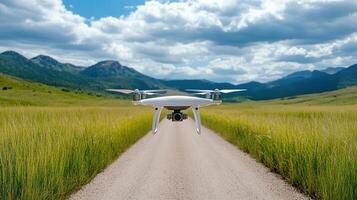 drone flying over dirt road in scenic landscape with mountains photo