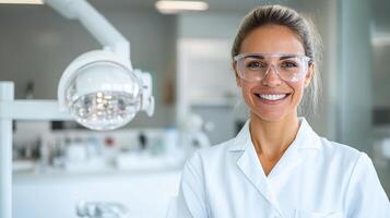smiling doctor in clinic wearing glasses and lab coat photo