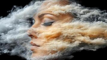 serene woman face surrounded by colorful smoke, blending art and emotion photo