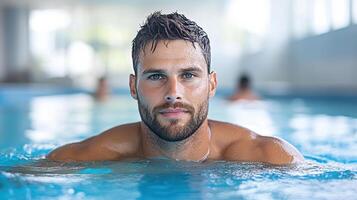 man swimming in lap pool, focused and determined in water photo