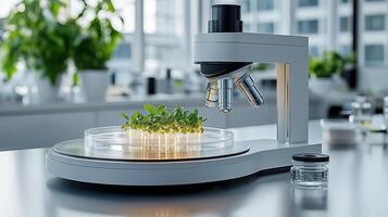 Futuristic laboratory with microscope and bioengineered plants photo