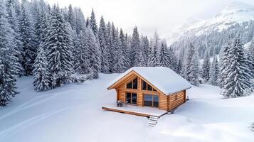 cozy log cabin nestled in snowy winter landscape surrounded by tall pine trees photo