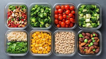Healthy meal prep with fresh ingredients in glass containers photo