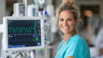 nurse smiling while monitoring patient heart rate in hospital photo