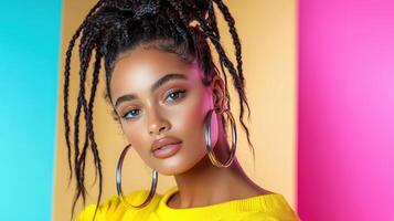 vibrant portrait of model with striking features and colorful background photo