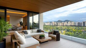 Modern balcony with glass railing, offering stunning city views and greenery photo