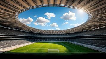 stunning view of massive stadium with soccer field under bright sky photo