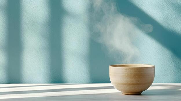 calmante taza de manzanilla té con vapor creciente en suave ligero foto