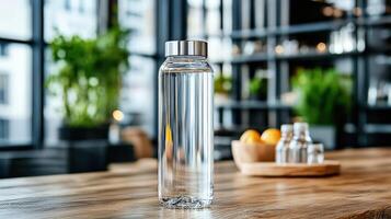 clear hydration tracker bottle on wooden table, promoting healthy drinking habits photo
