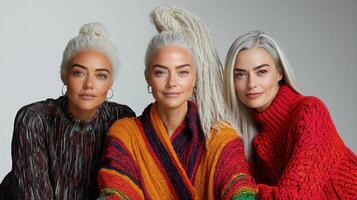 Diverse women showcasing unique hairstyles and colorful sweaters photo