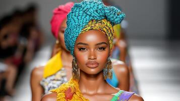 Vibrant fashion runway showcasing models in colorful outfits and headwraps photo
