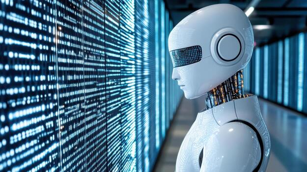 futurista robot con digital interfaz en tecnología ambiente foto