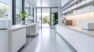 modern laboratory with sleek design, bright lighting, and organized shelves photo