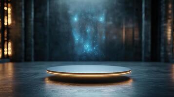 futuristic platform with glowing edges and cosmic display above photo