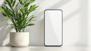 Minimalist smartphone design with plant in modern setting photo