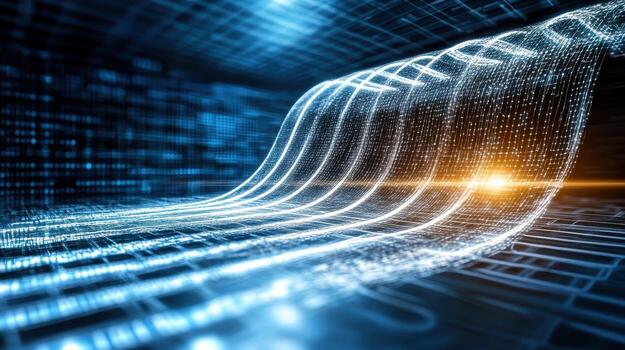 Futuristic digital wave with glowing particles and data flow photo