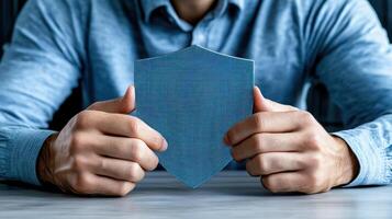 person holding blue shield symbolizing cybersecurity and protection photo