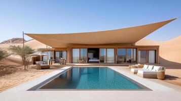 luxury desert resort with infinity pool and Arabian style architecture photo
