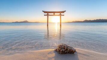 serene torii gate reflecting in shallow water at sunset, creating tranquil scene photo