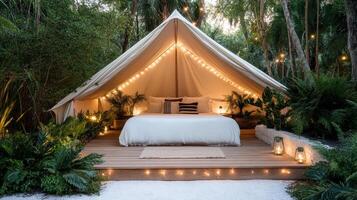 Luxurious bell tent with cozy bed, surrounded by lush greenery and lights photo