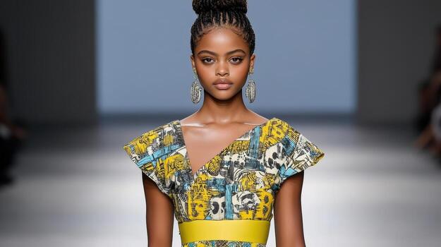 model walking runway in vibrant fusion dress with unique patterns photo