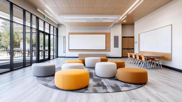 Modern learning space with circular seating and collaborative atmosphere photo