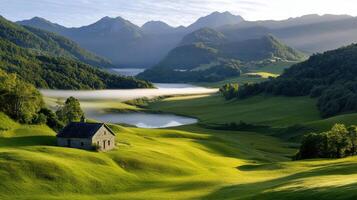 serene landscape featuring rolling green hills, quaint stone house, and misty mountains photo