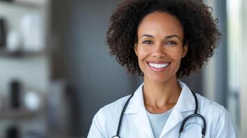 healthcare professional smiling warmly in clinical setting photo