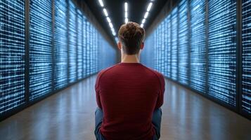 programmer analyzing code in data center, focused on cybersecurity photo
