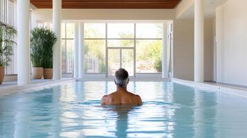 senior citizen enjoying swim in indoor pool, surrounded by natural light and greenery photo