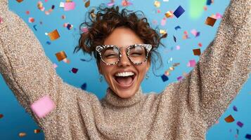 Joyful woman celebrating with confetti in cozy sweater and glasses photo