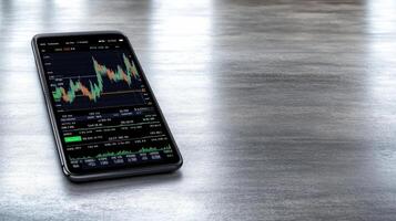 smartphone displaying cryptocurrency trading app on wooden table photo