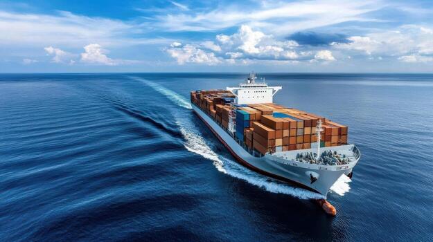 grande carga Embarcacion navegando mediante calma Oceano aguas con contenedores foto