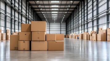 Large warehouse interior with stacked cardboard boxes and empty space photo