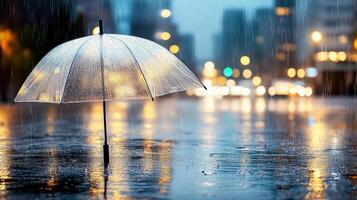 transparent umbrella stands in rain, reflecting city lights photo