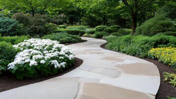serene garden featuring stone path surrounded by vibrant flowers and lush greenery photo
