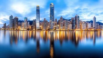 vibrant city skyline at dusk, reflecting on calm waters, invites exploration photo