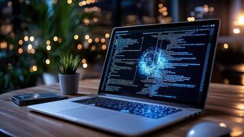 laptop displaying code and data visualization in modern workspace photo