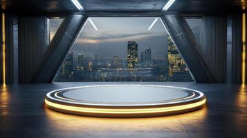 A futuristic room with a circular table in front of a cityscape photo
