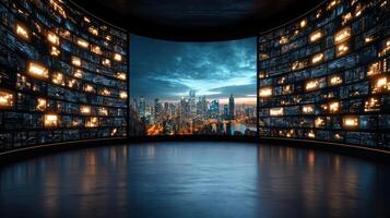 A large room with many screens showing city lights photo