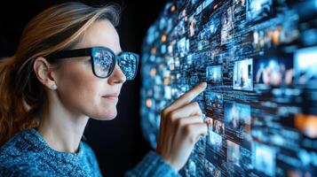 A woman in glasses looking at a screen with many digital images photo