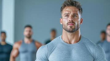 A man in a gym with other men behind him photo