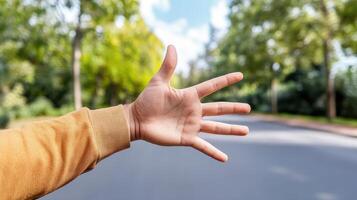 A person's hand reaching out to the side of the road photo